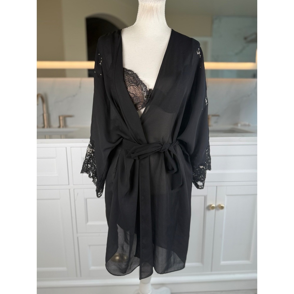 Victoria's Secret Collection Robe Womens M Black Sheer Lace Kimono Vintage 90s